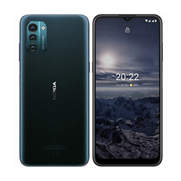 Vorder- und Rückansicht eines schwarzen Nokia Smartphones mit einem Berg-Hintergrundbild auf dem Bildschirm.