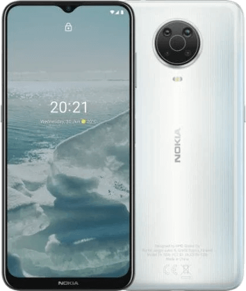Vorder- und Rückansicht eines weißen Nokia Smartphones mit runder Rückkamera und eisiger Landschaft auf dem Display.
