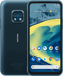Vorder- und Rückansicht eines Nokia Smartphones mit blauem Gehäuse und einer Vierfach-Kamera auf der Rückseite.