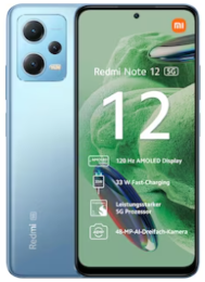 Das blaue Redmi Note 12 5G-Smartphone zeigt sein Display mit den wichtigsten Funktionen auf dem Bildschirm.