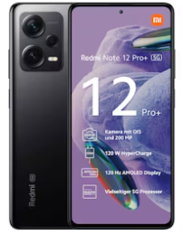 Schwarzes Redmi Note 12 Pro+ 5G-Smartphone mit Display auf der Vorderseite, das die technischen Daten und das rückwärtige Kameramodul zeigt.