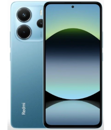 Blaues Redmi-Smartphone mit abstraktem Hintergrundbild auf der Vorderseite und dreifacher Kamera auf der Rückseite.