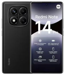 Vorder- und Rückansicht eines schwarzen Redmi Note 14 Pro Smartphones mit vier rückseitigen Kameras.