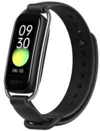 Eine schwarze Fitness-Smartwatch mit einem rechteckigen Touchscreen zur Anzeige von Uhrzeit und Datum.