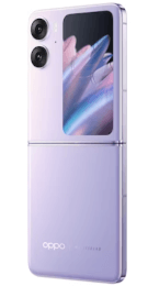 Ein lavendelfarbenes, faltbares Oppo-Smartphone mit zwei rückseitigen Kameras und einem kleinen externen Display.