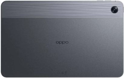 Ein graues Oppo-Tablet von der Rückseite aus gesehen, mit der Kamera und dem Oppo-Logo in der Mitte.
