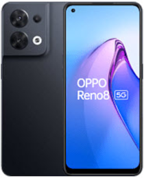 Vorder- und Rückansicht eines OPPO Reno8 5G Smartphones in schwarzer Farbe.