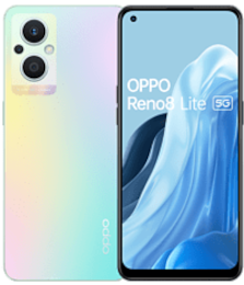 Vorder- und Rückansicht eines OPPO Reno8 Lite 5G-Smartphones mit Farbverlauf und zwei rückseitigen Kameras.