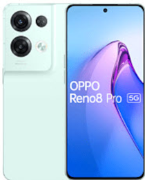 Vorder- und Rückansicht eines hellgrünen OPPO Reno8 Pro 5G-Smartphones mit dreifacher Rückkamera.