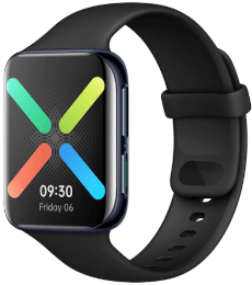 Schwarze Smartwatch mit einem bunten X-Motiv auf dem Display, das Uhrzeit und Datum an einem schwarzen Armband anzeigt.