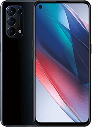 Schwarzes Smartphone mit vier rückwärtigen Kameras und einem Bildschirm, der abstrakte blaue und rote Formen anzeigt.