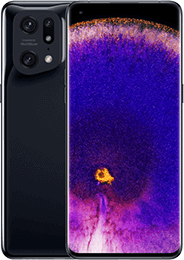 Schwarzes Smartphone mit drei rückwärtigen Kameras und einem farbenfrohen abstrakten Design in Lila und Orange auf dem Display.