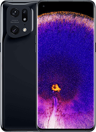 Vorder- und Rückansicht eines schwarzen Smartphones mit einem leuchtenden, lila-orangenen abstrakten Hintergrundbild auf dem Bildschirm.