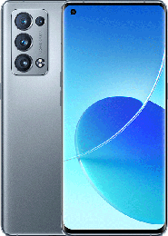 Silbernes Smartphone mit drei Kameras auf der Rückseite und einem Display auf der Vorderseite, das ein abstraktes Design in Blau und Weiß zeigt.