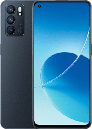 Schwarzes Smartphone mit drei Kameras auf der Rückseite und einem Bildschirm mit blauem Farbverlauf auf der Vorderseite.