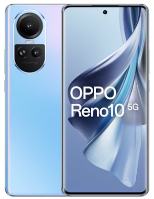 Oppo Reno10 5G-Smartphone in Blau, mit Frontdisplay und rückseitigem Kameramodul.