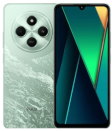 Grünes Smartphone mit kreisförmiger Kamera auf der Rückseite und geometrischem Hintergrundbild auf dem Bildschirm.