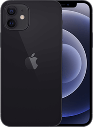 Schwarzes Smartphone mit Dual-Kameras und Apple-Logo, von vorne und hinten abgebildet.