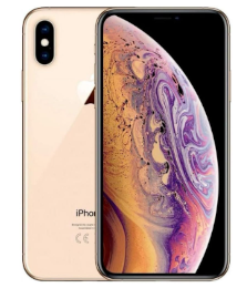 Vorder- und Rückansicht eines goldenen iPhones mit einem lebendigen, wirbelnden Design auf dem Bildschirm.