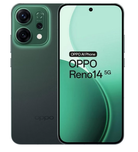 Vorder- und Rückansicht eines grünen OPPO Reno14 5G-Smartphones mit zwei rückseitigen Kameras.