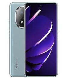 Ein modernes Smartphone mit grüner Rückseite, zwei Kameras und einem blauen abstrakten Hintergrundbild auf dem Bildschirm.