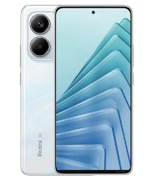 Weißes Redmi-Smartphone mit zwei rückseitigen Kameras und einem Vollbild-Display mit blauen geometrischen Formen.