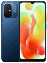 Ein blaues Redmi-Smartphone mit buntem Bildschirm und Kameramodul auf der Rückseite.