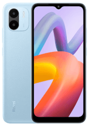 Hellblaues Smartphone mit zwei Kameras auf der Rückseite und einem bunten Display auf der Vorderseite.