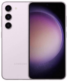 Ein Samsung-Smartphone mit drei rückwärtigen Kameras und einem lilafarbenen Display, dargestellt von der Vorder- und Rückseite.
