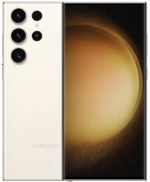Ein cremefarbenes Samsung-Smartphone, das das vordere Display und die hinteren Kameras zeigt.