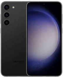 Ein schwarzes Samsung-Smartphone mit Vorderseite und Dreifachkamera auf der Rückseite.