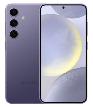 Ein lilafarbenes Samsung-Smartphone, das den vorderen Bildschirm und die drei rückseitigen Kameras zeigt.