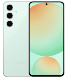 Vorder- und Rückansicht eines weißen Samsung-Smartphones mit drei rückwärtigen Kameras und einem Bildschirm, der pastellfarbene Kreise anzeigt.