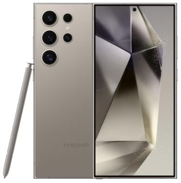 Ein beigefarbenes Samsung-Smartphone mit vier rückwärtigen Kameras, einem Stylus und einem geometrischen Design auf dem Bildschirm.