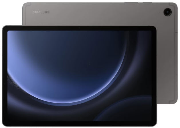 Ein silbernes Samsung-Tablet, gezeigt von vorne mit eingeschaltetem Bildschirm und von hinten mit sichtbarer Kamera.