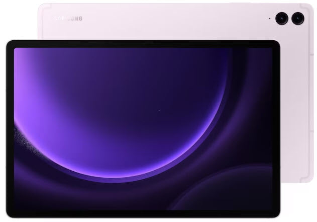 Ein Samsung-Tablet mit lilafarbenem Bildschirm, der sowohl das Display auf der Vorderseite als auch die Dual-Kamera auf der Rückseite zeigt.