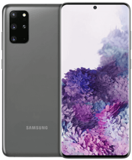 Vorder- und Rückansicht eines grauen Samsung-Smartphones mit drei rückwärtigen Kameras und einem bunten Bildschirm.