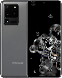 Samsung Galaxy-Smartphone in Grau, dargestellt von vorne und hinten mit Blasengrafik auf dem Bildschirm.
