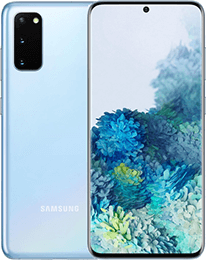 Samsung Galaxy-Smartphone in Hellblau, dargestellt von der Vorder- und Rückseite mit einem floralen Hintergrundbild auf dem Bildschirm.