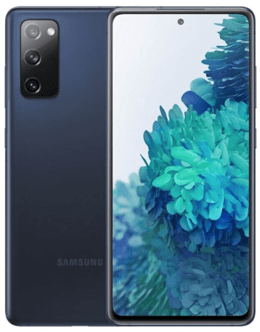 Ein Samsung-Smartphone in Marineblau, das das Display auf der Vorderseite und die Dreifach-Kamera auf der Rückseite zeigt.