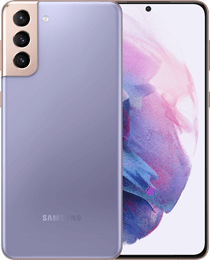 Samsung-Smartphone in lavendelfarbener Ausführung mit Frontdisplay und dreifacher Kamera auf der Rückseite.