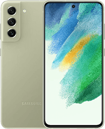 Samsung-Smartphone in Hellgrün, das den vorderen Bildschirm mit buntem Hintergrundbild und drei hintere Kameras zeigt.