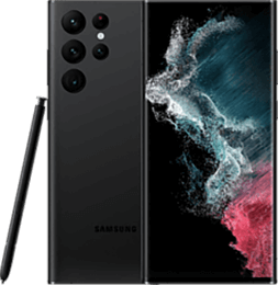 Schwarzes Samsung-Smartphone mit S Pen, das das vordere Display und das hintere Kameramodul zeigt.