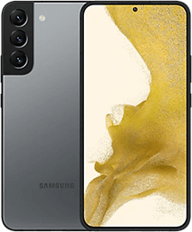 Samsung-Smartphone mit drei rückwärtigen Kameras, grauer Rückseite und einem Display auf der Vorderseite, das ein gelbes abstraktes Hintergrundbild zeigt.