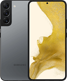Samsung-Smartphone mit drei rückwärtigen Kameras, dargestellt in Grau mit einem gelben abstrakten Design auf dem Bildschirm.