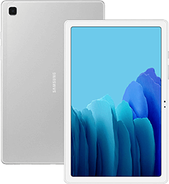Ein silbernes Samsung-Tablet, das von vorne und hinten gezeigt wird, mit einem blauen abstrakten Hintergrundbild auf dem Bildschirm.