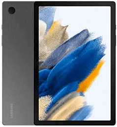 Ein Samsung-Tablet mit einem schwarzen Rahmen, der einen abstrakten blauen, gelben und beigen Hintergrund zeigt.
