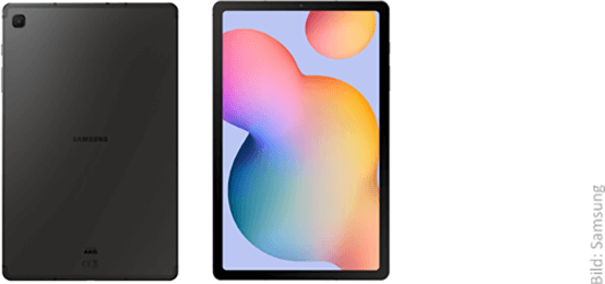 Vorder- und Rückansicht eines schwarzen Samsung-Tablets mit einem bunten Bildschirm.