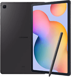 Ein schwarzes Samsung-Tablet mit Eingabestift, dargestellt mit farbigem Display und Rückansicht.