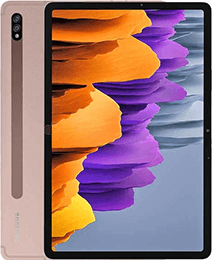 Ein goldenes Samsung-Tablet mit einem bunten, abstrakten Bildschirm mit orangefarbenen, lila und grauen Formen.